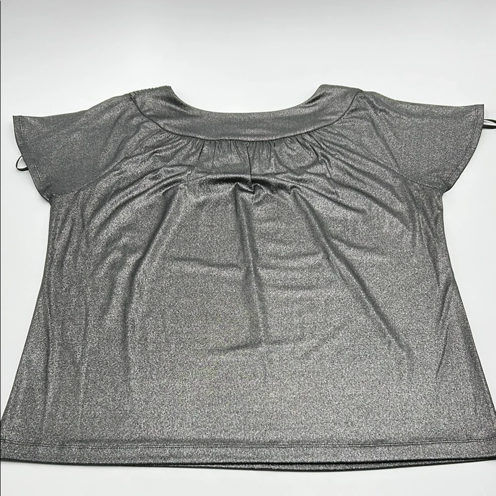 Dana Buchman Flutter Sleeve Blouse Large Gray Shimmer Pleated Nech Relaxed Fit